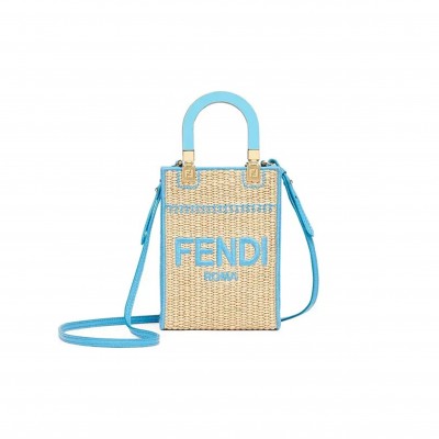FENDI SUNSHINE MINI STRAW & LEATHER TOTE 8BS051AFQPF1ELX (18*13*6cm)
